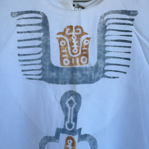 Maxi Dress Cultural Ethnic Native Print 3/4 Sleeves White Gray Back Zip Vtg 60s - Picture 10 of 16